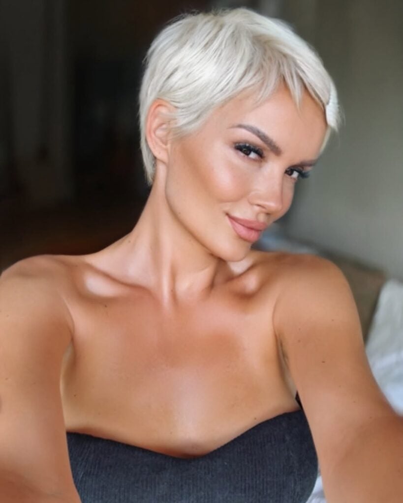 Platinum Blonde Cropped Pixie With Wispy Bangs Platinum Blonde Cropped Pixie With Wispy Bangs — Classy Edgy Pixie