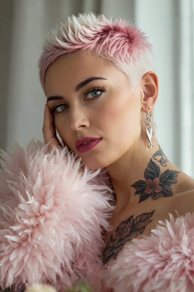 Spiky Pink Pixie With Textured Bangs Spiky Pink Pixie With Textured Bangs — Classy Edgy Pixie
