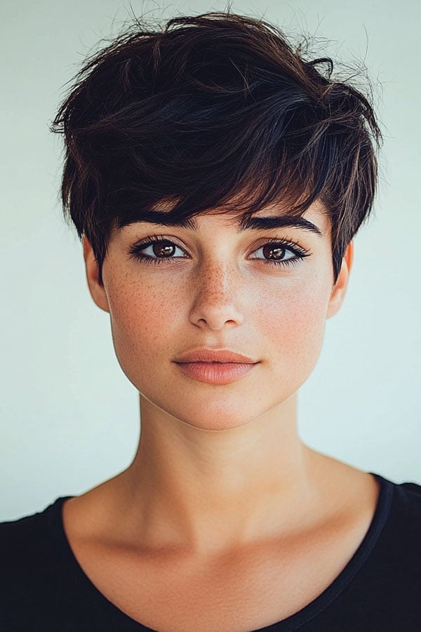 Messy Textured Dark Brown Pixie With Full Bangs Messy Textured Dark Brown Pixie With Full Bangs — Classy Edgy Pixie