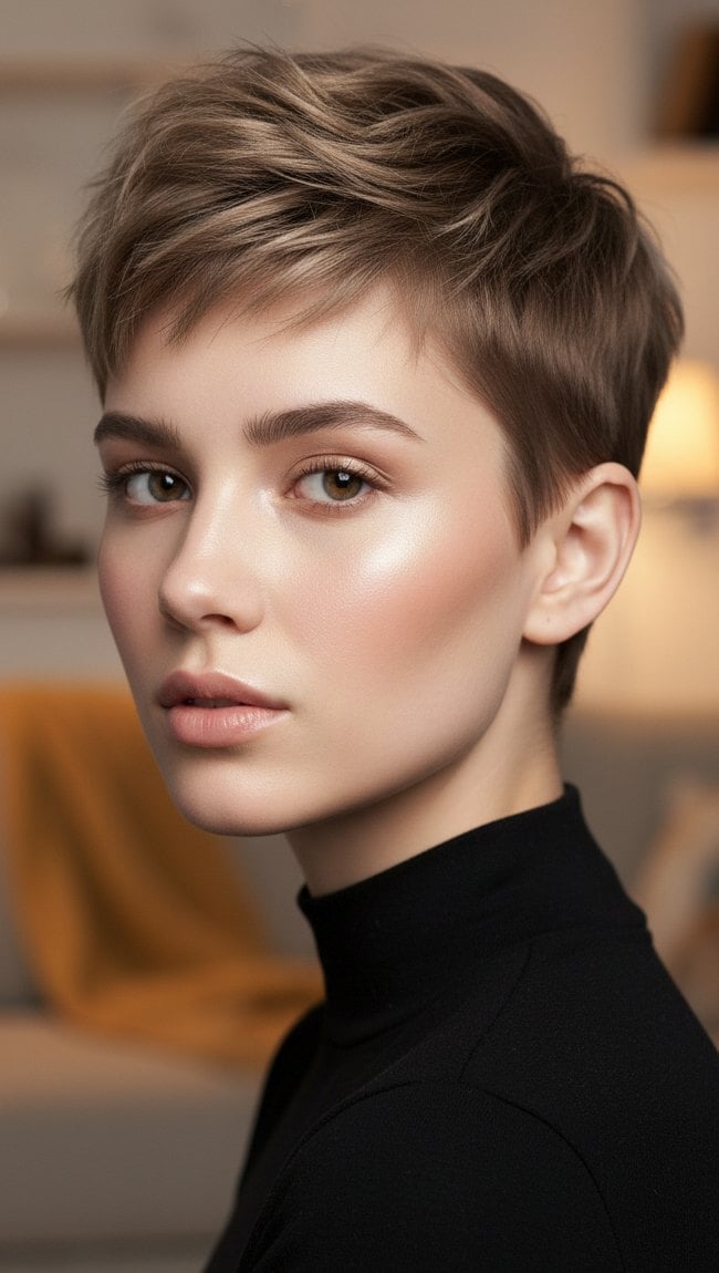 Soft Light Brown Pixie With Wispy Highlights Soft Light Brown Pixie With Wispy Highlights — Classy Edgy Pixie