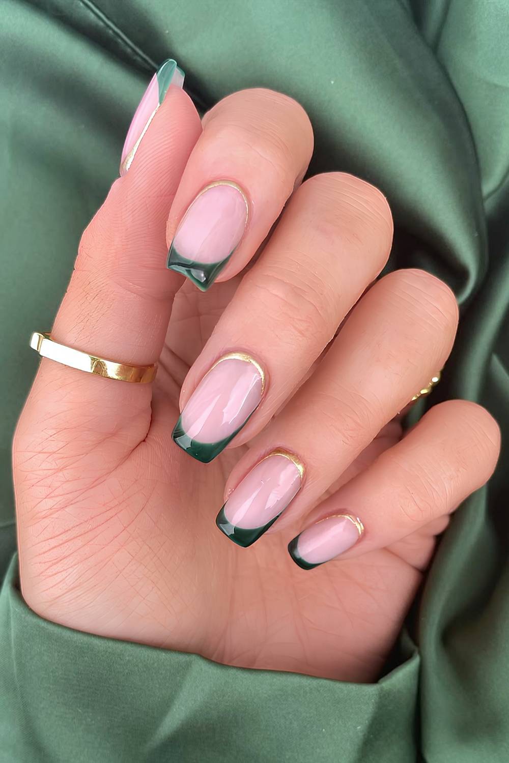 Short Square Glossy Deep Green French Tips Short Square Glossy Deep Green French Tips — Classy Emerald Green Nails