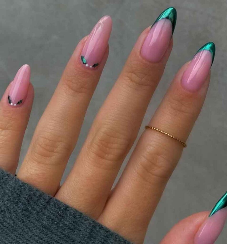 Long Almond Sheer Pink Metallic Emerald French Tip Pearls Long Almond Sheer Pink Metallic Emerald French Tip Pearls — Classy Emerald Green Nails