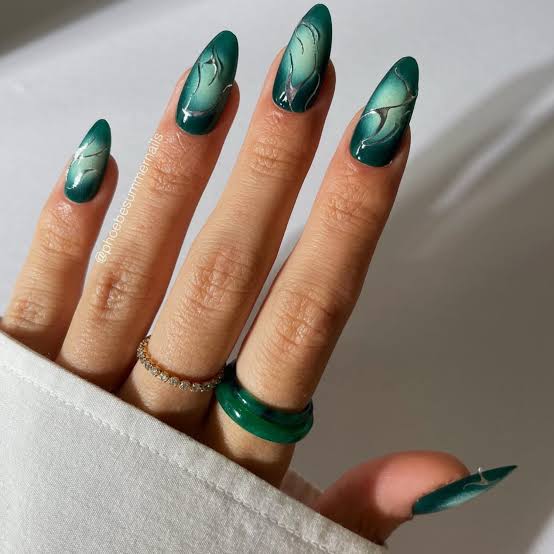 Long Almond Teal Green Gradient Abstract Silver Lines Long Almond Teal Green Gradient Abstract Silver Lines — Classy Emerald Green Nails