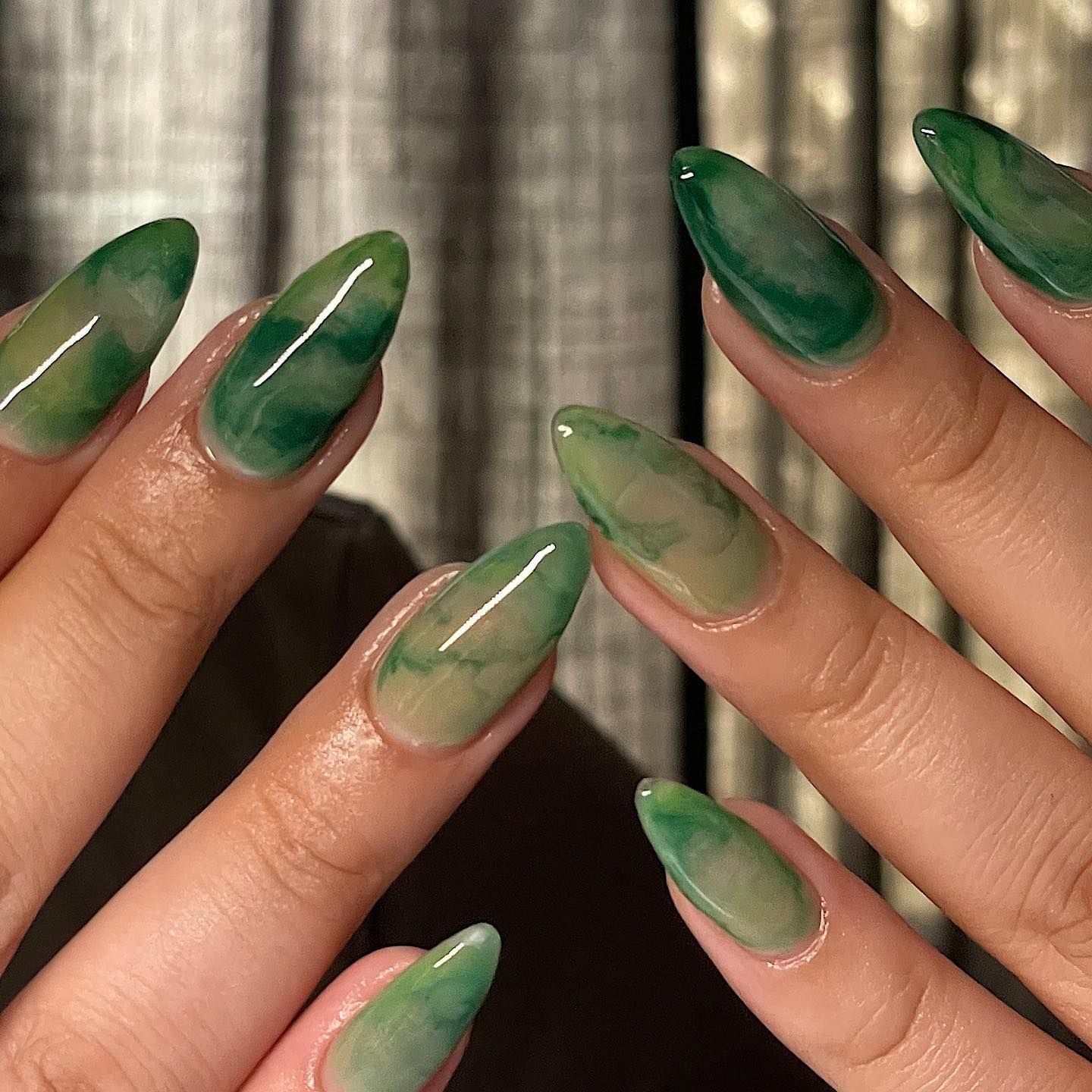 Long Sharp Almond Glossy Green Marble Effect Long Sharp Almond Glossy Green Marble Effect — Classy Emerald Green Nails