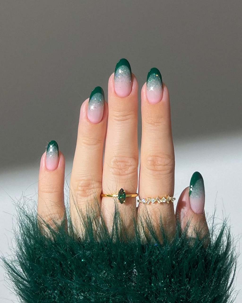 Medium Almond Glossy Green to Pink Ombre Medium Almond Glossy Green to Pink Ombre — Classy Emerald Green Nails