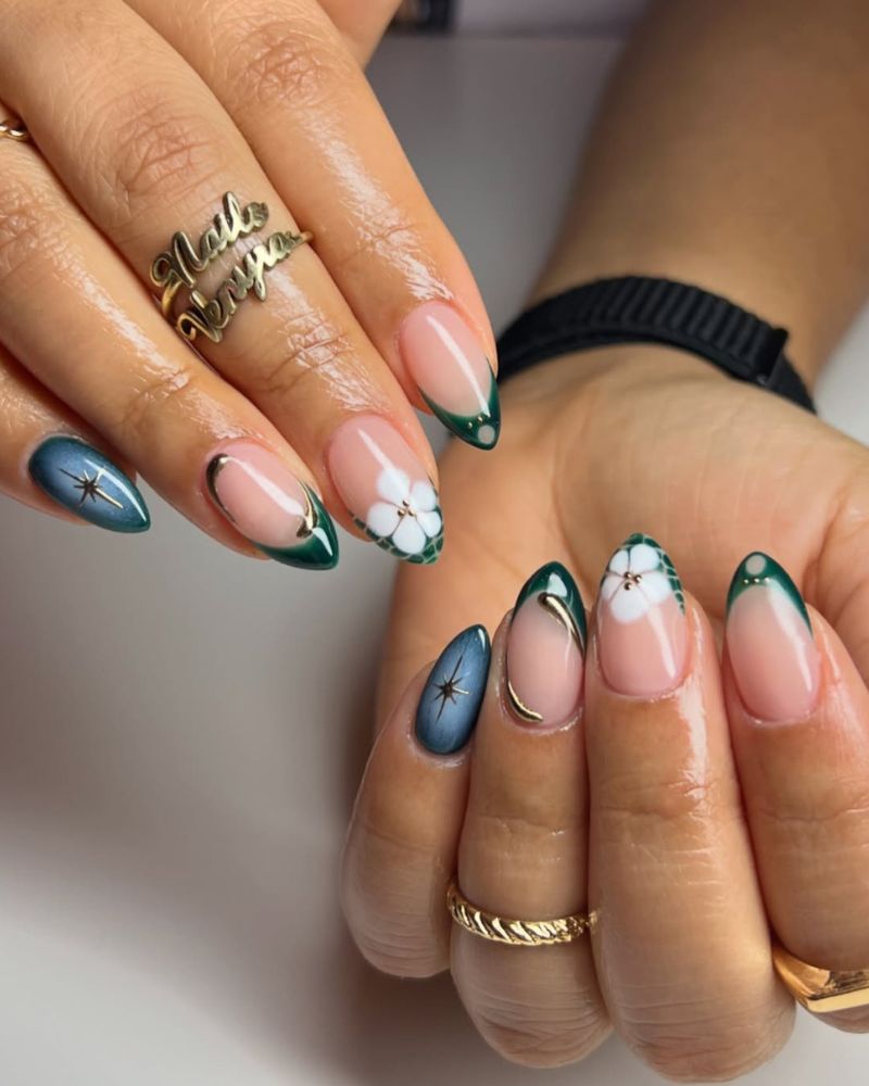 Short Almond Glossy Deep Green Gold French Tip Short Almond Glossy Deep Green Gold French Tip — Classy Emerald Green Nails