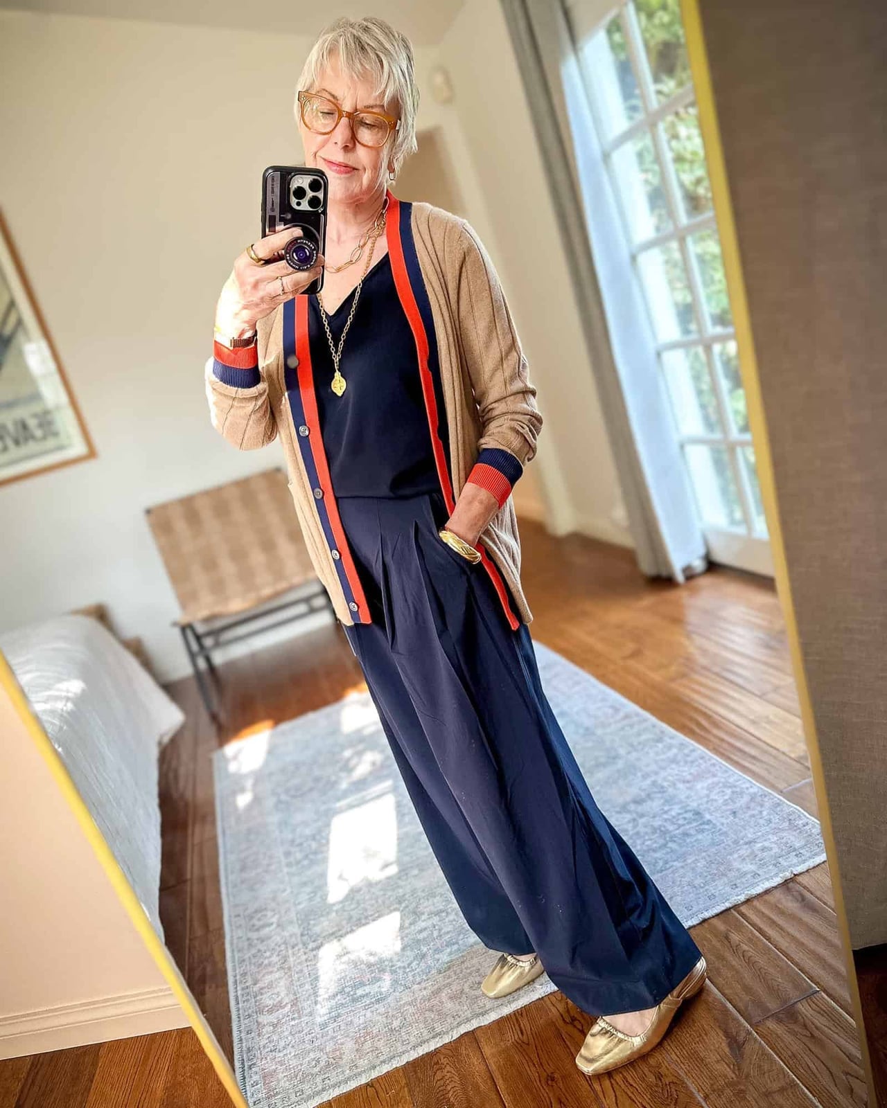 Cardigan With Trim Over Navy Top — Classy Errands Outfits