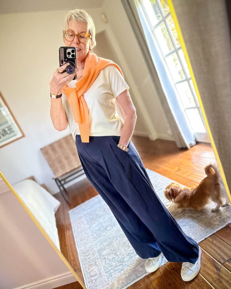 Draped Orange Sweater With Wide Trousers — Classy Errands Outfits