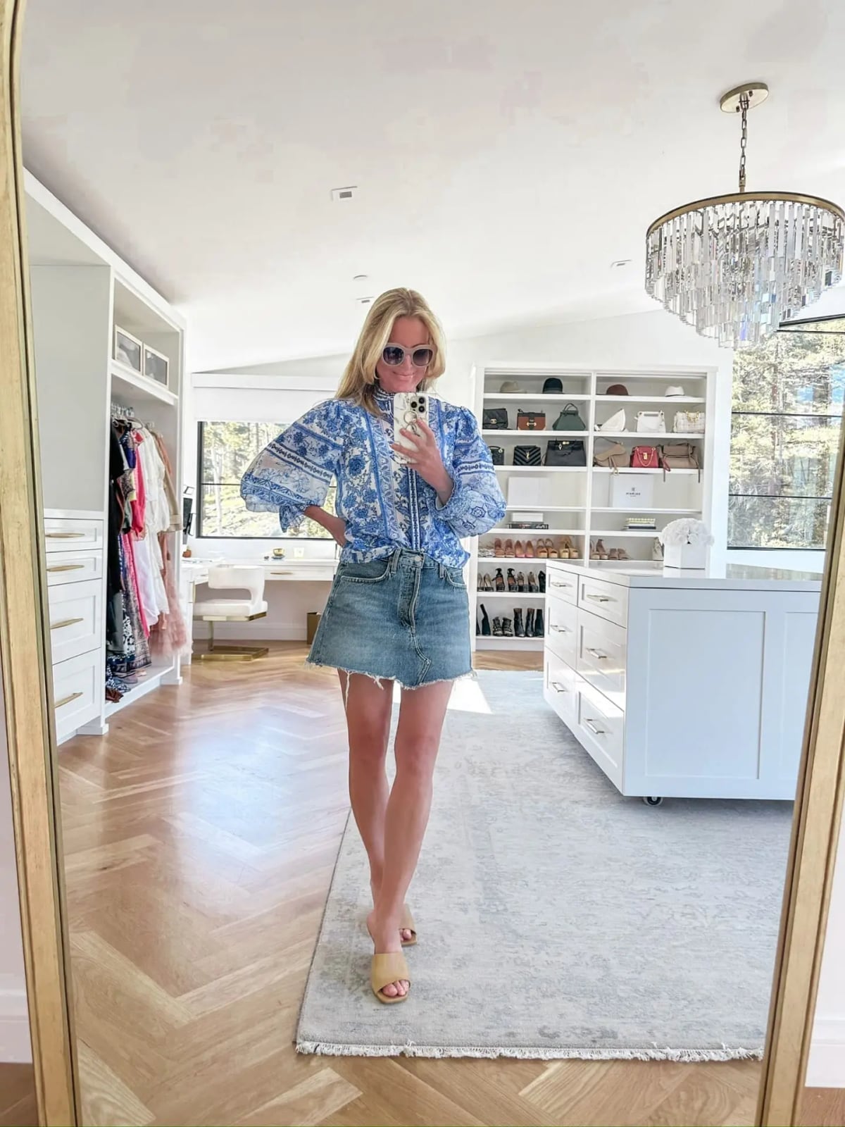 Patterned Blouse With Denim A-Line Skirt — Classy Errands Outfits