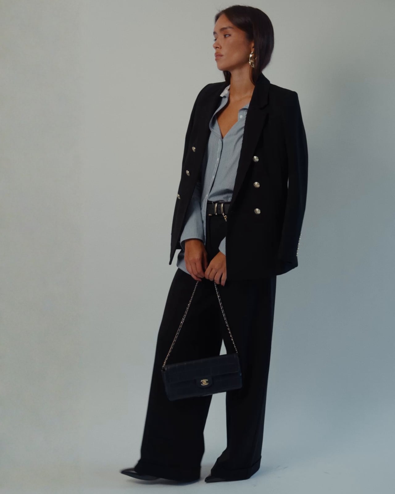 Oversized Black Blazer With Striped Shirt — Classy Errands Outfits
