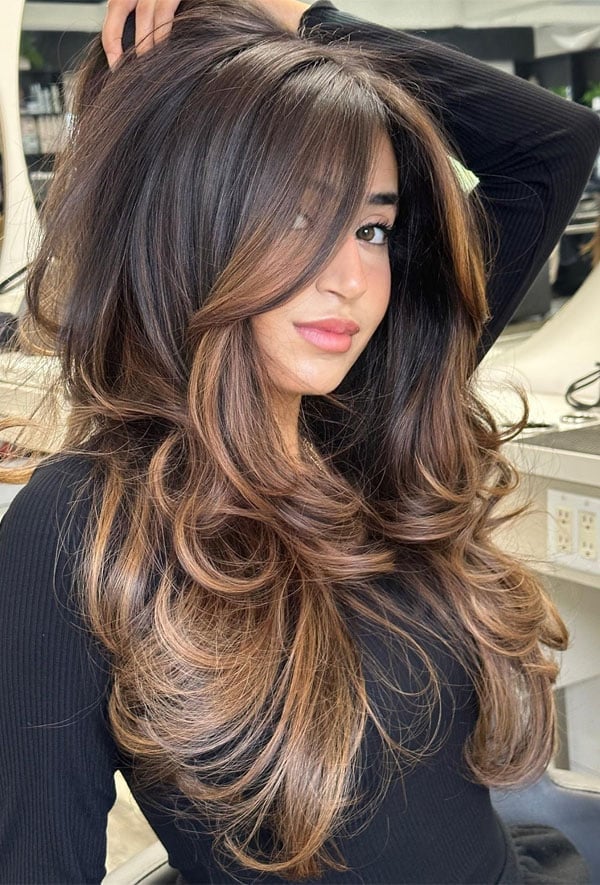 Dark Brown Mid-Back With Blonde Balayage Dark Brown Mid-Back With Blonde Balayage — Classy Face Framing Layers