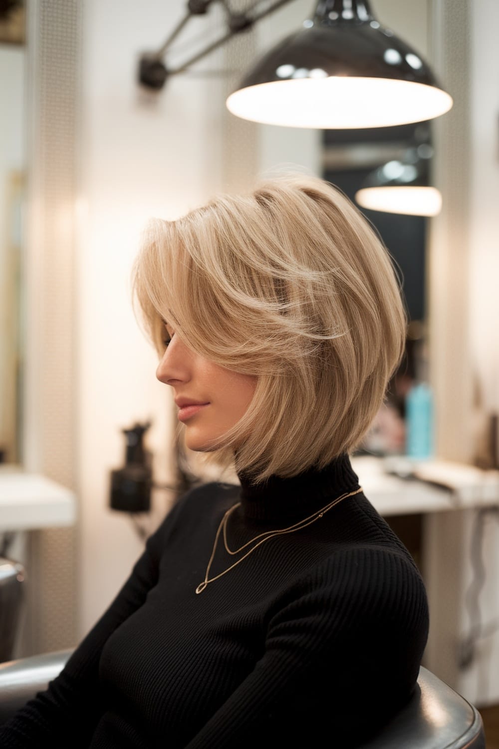 Chin Length Bob With Side Swept Bangs Chin Length Bob With Side Swept Bangs — Classy Face Framing Layers