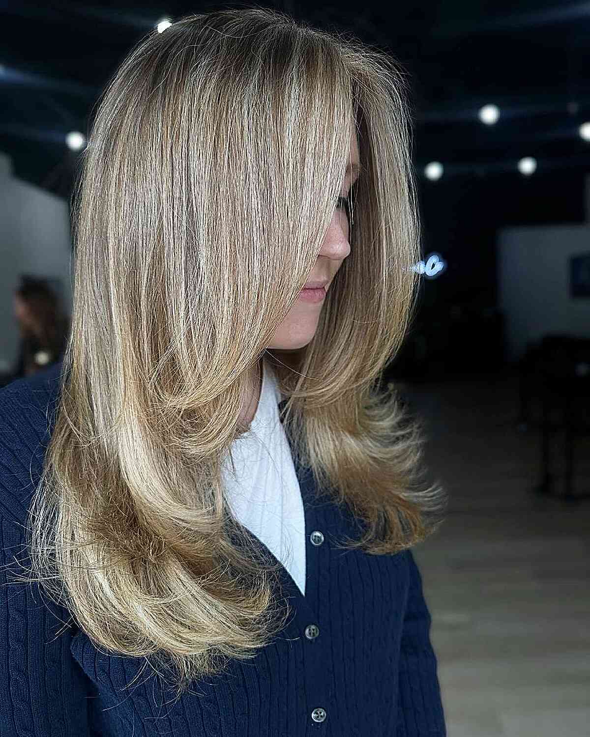Mid-Back Ash Blonde With Curtain Bangs Mid-Back Ash Blonde With Curtain Bangs — Classy Face Framing Layers