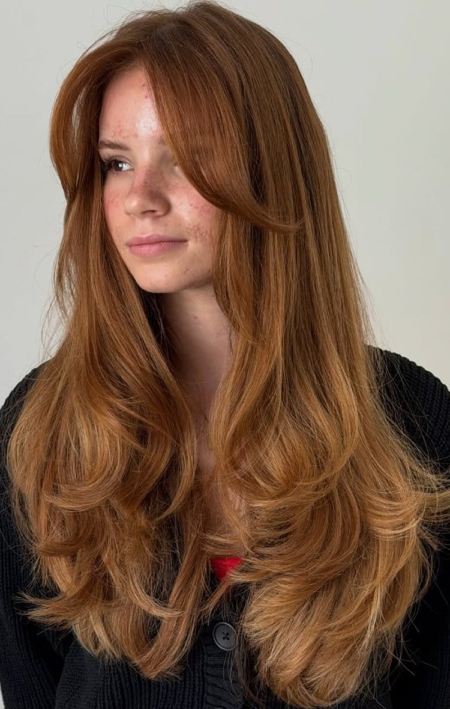 Long Copper Red With Curtain Bangs Long Copper Red With Curtain Bangs — Classy Face Framing Layers