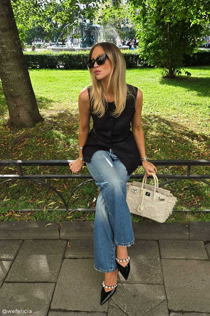 Black Vest Top with Wide-Leg Jeans and Pearl Heels for a Date Black Vest Top with Wide-Leg Jeans and Pearl Heels for a Date — Classy First Date Outfits