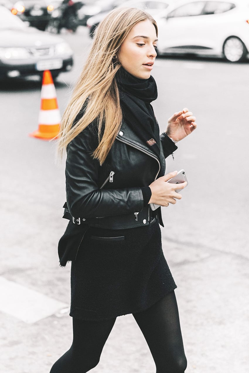 Leather Biker Jacket Over Tweed Mini Skirt for a Chic Date Leather Biker Jacket Over Tweed Mini Skirt for a Chic Date — Classy First Date Outfits
