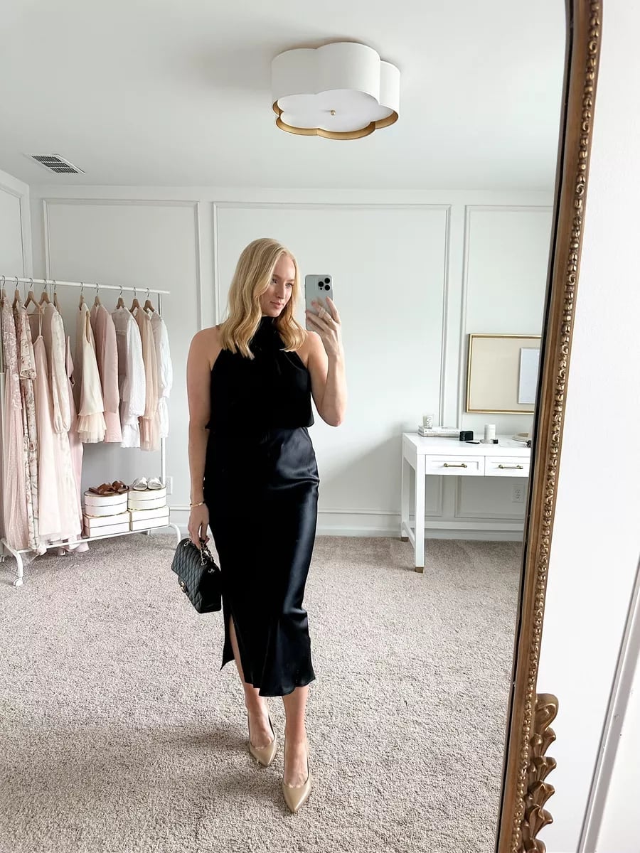 Black Satin Halter Top and Midi Skirt for an Elegant Evening Date Black Satin Halter Top and Midi Skirt for an Elegant Evening Date — Classy First Date Outfits