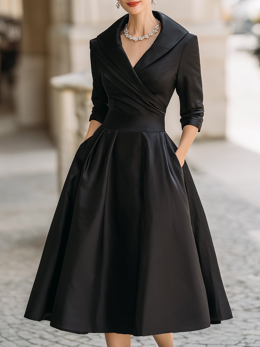 Elegant Black Midi Dress with Shawl Collar Elegant Black Midi Dress with Shawl Collar — Classy Formal Style