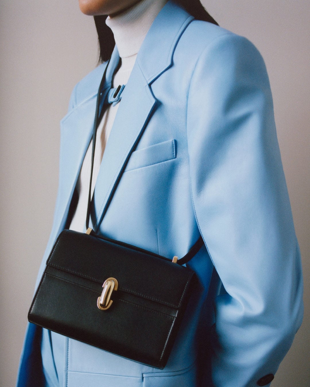 Light Blue Oversized Blazer with White Turtleneck Light Blue Oversized Blazer with White Turtleneck — Classy Formal Style