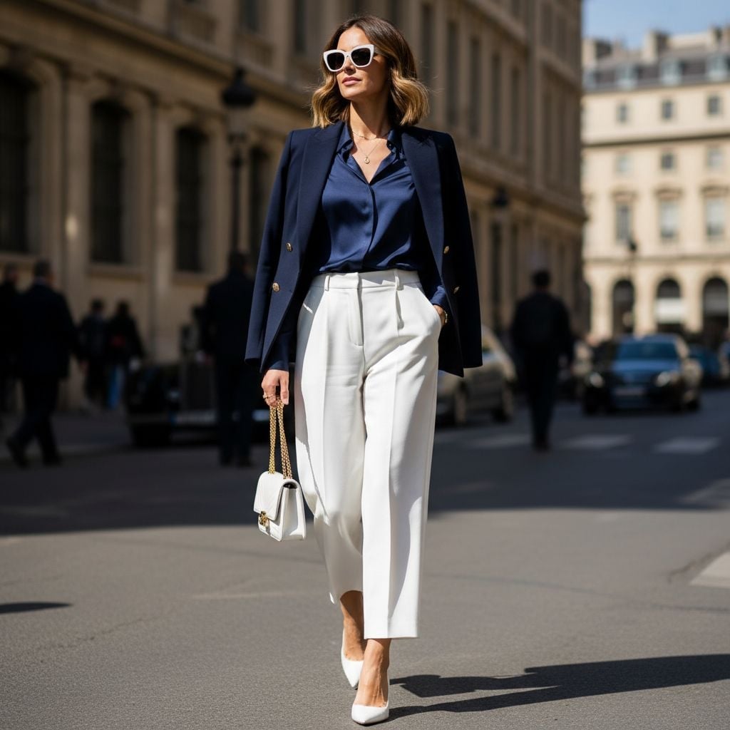 Navy Blazer and White Wide-Leg Trousers Outfit Navy Blazer and White Wide-Leg Trousers Outfit — Classy Formal Style