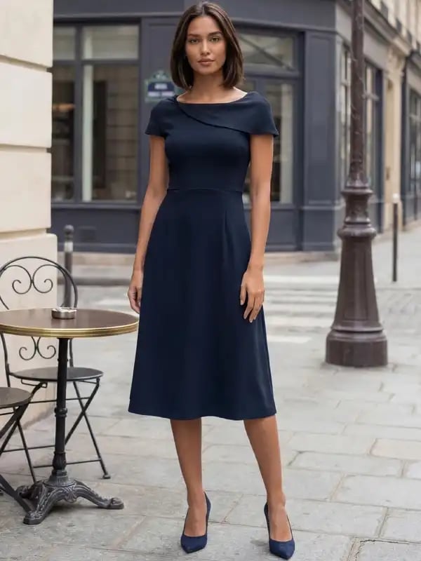 Navy Blue A-line Dress with Asymmetrical Neckline Navy Blue A-line Dress with Asymmetrical Neckline — Classy Formal Style