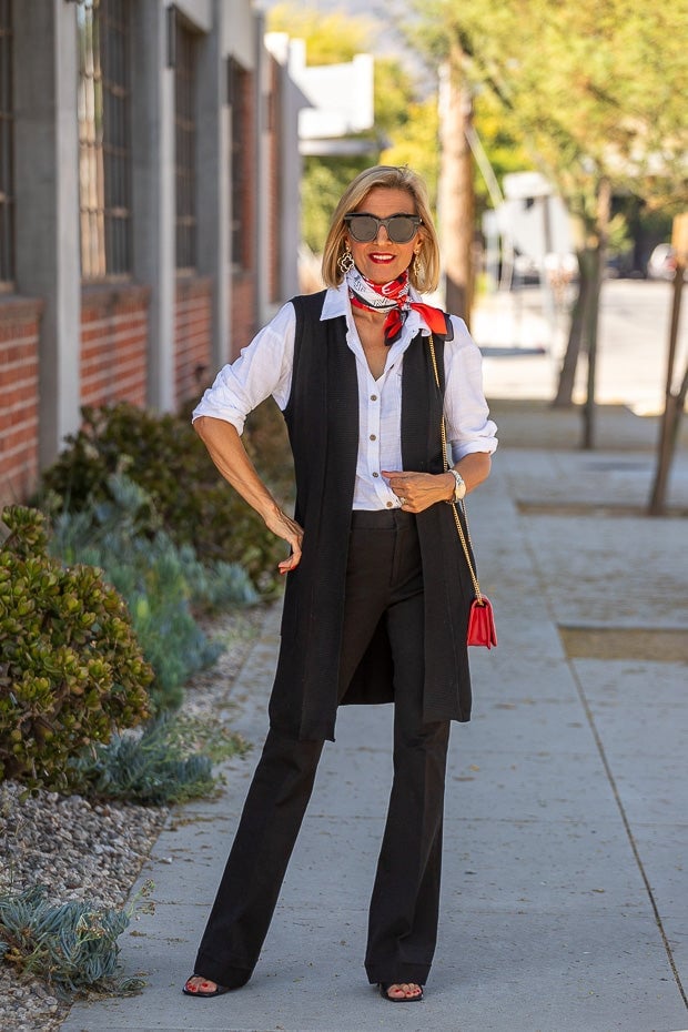 Black Vest Over White Shirt with Red Scarf Black Vest Over White Shirt with Red Scarf — Classy Formal Style