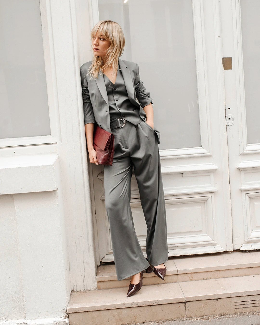 Gray Satin Suit with Relaxed Fit Blazer Gray Satin Suit with Relaxed Fit Blazer — Classy Formal Style