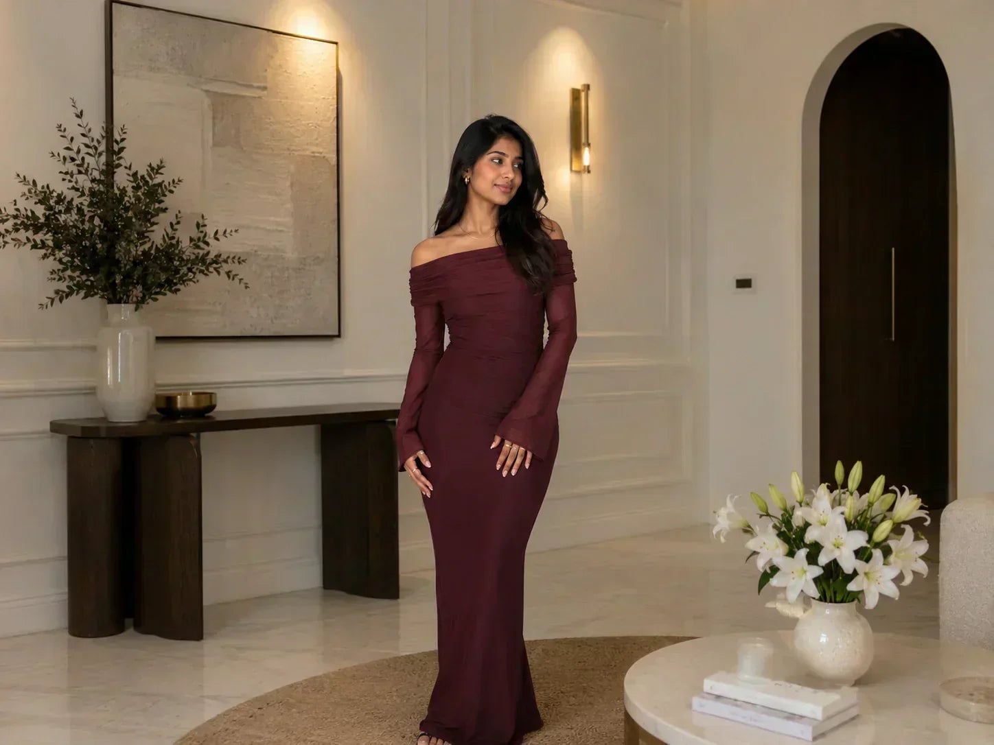 Maroon Ruched Mesh Maxi Dress Maroon Ruched Mesh Maxi Dress — Classy Formal Style