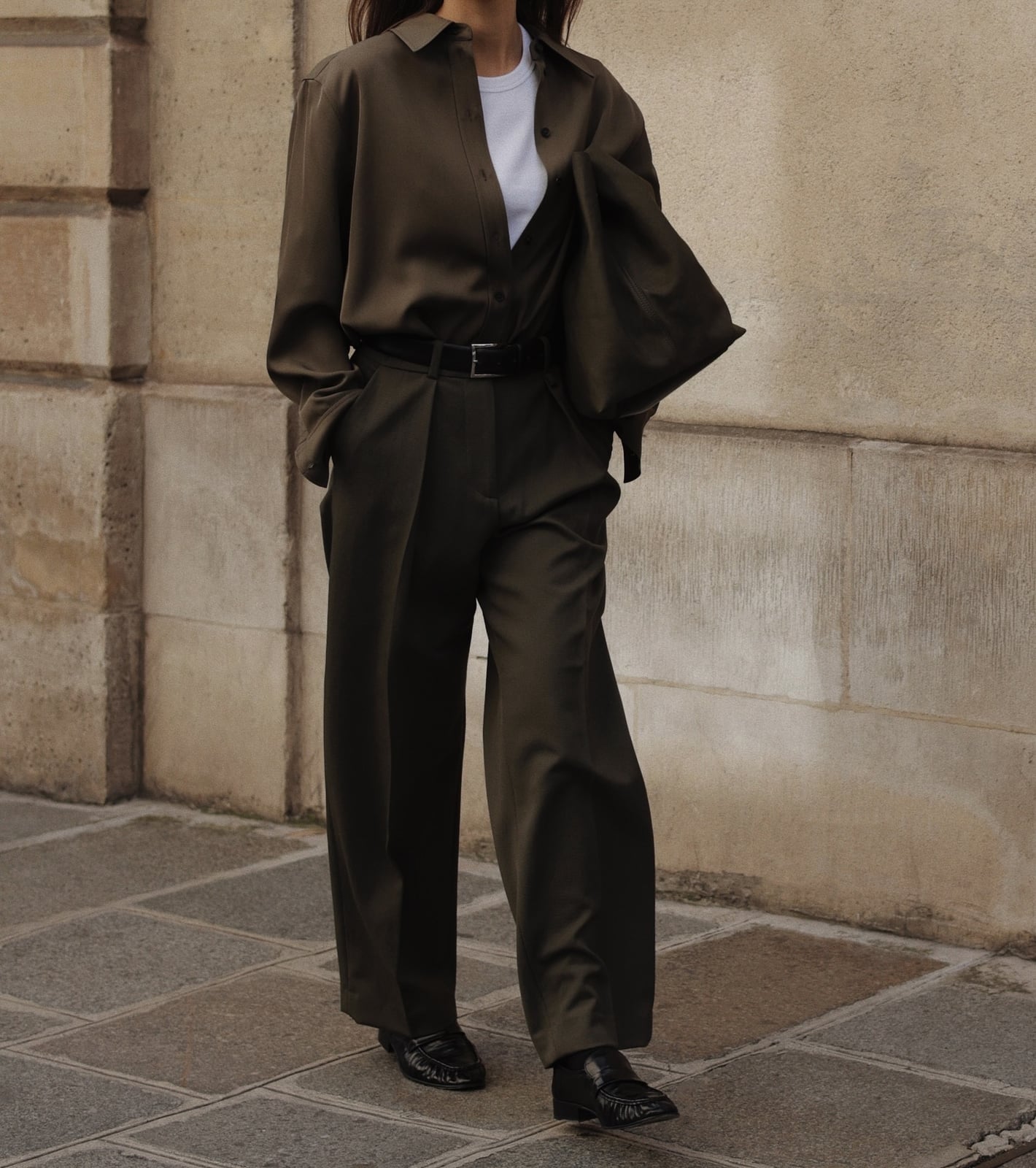 Olive Green Oversized Suit with White Tee Olive Green Oversized Suit with White Tee — Classy Formal Style