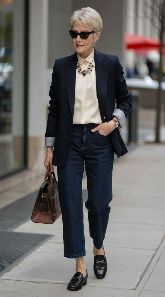 Navy Blazer Over Cream Blouse with Jeans Navy Blazer Over Cream Blouse with Jeans — Classy Formal Style