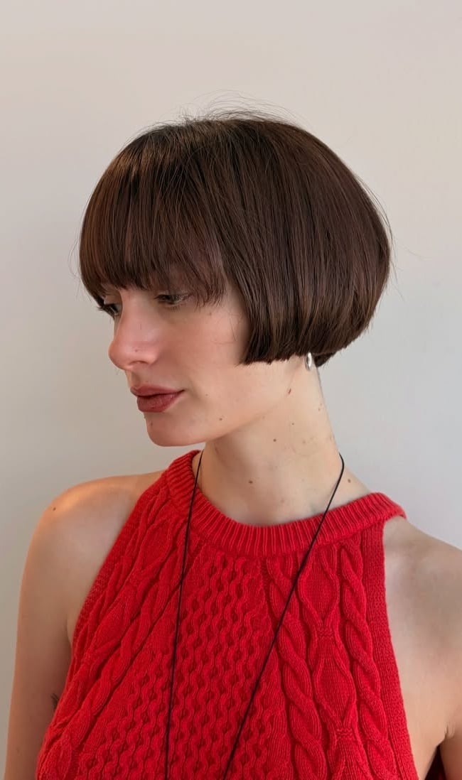 Ear Length Dark Brown Bob With Blunt Fringe — Classy French Bob