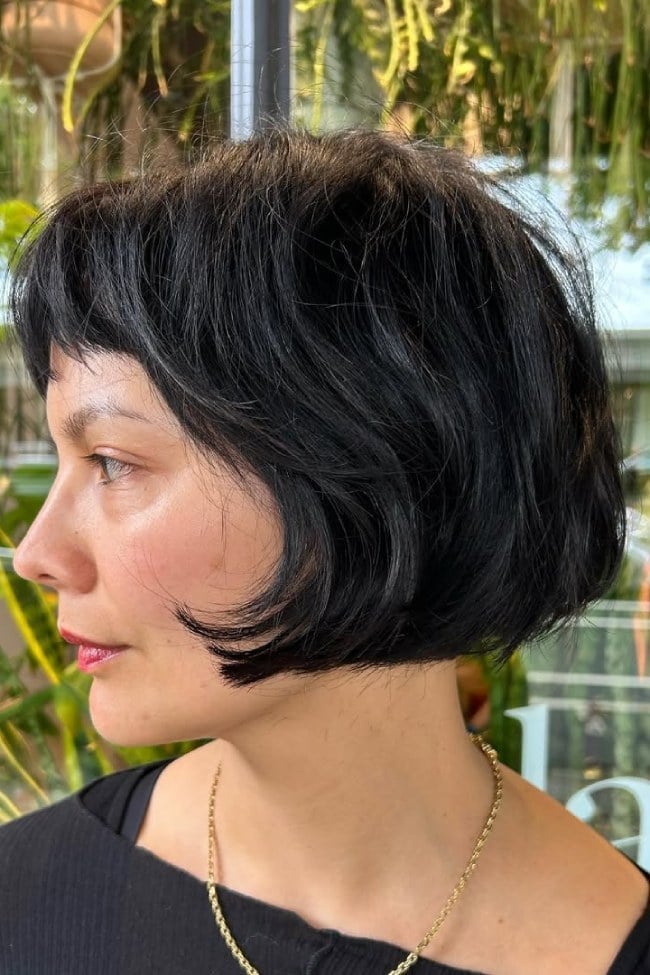 Jet Black Bob With Micro Bangs Side View — Classy French Bob