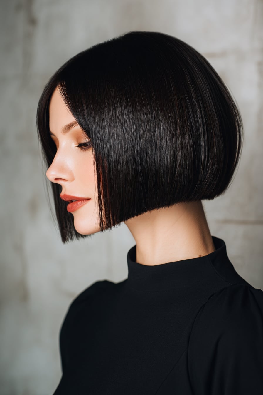Sharp Black Bob With No Bangs Sharp Black Bob With No Bangs — Classy French Bob Haircut