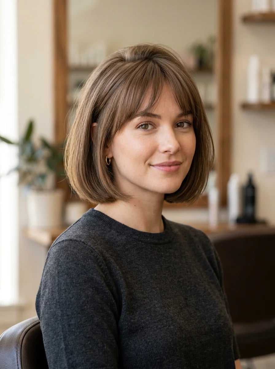 Smooth Dark Brown Bob With Curtain Bangs Smooth Dark Brown Bob With Curtain Bangs — Classy French Bob with Bangs