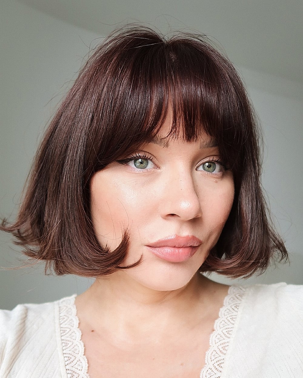 Dark Brown Bob With Full Curtain Bangs, Chin Dark Brown Bob With Full Curtain Bangs, Chin — Classy French Bob with Bangs