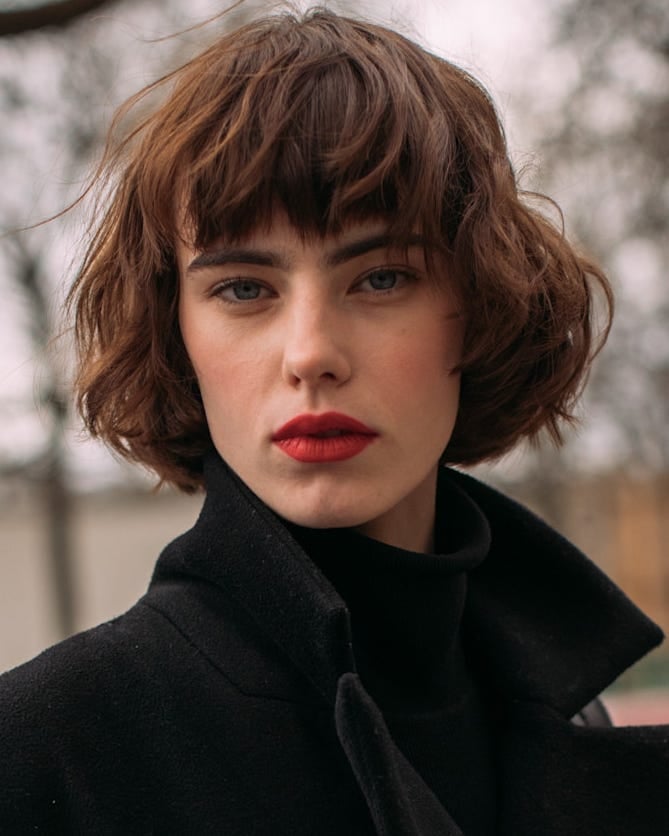 Auburn Shag Bob With Choppy Bangs Auburn Shag Bob With Choppy Bangs — Classy French Bob with Bangs