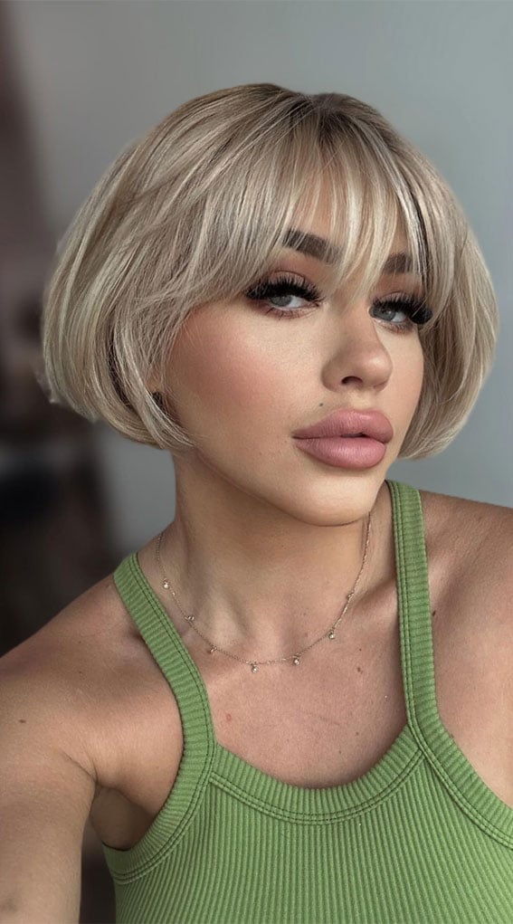 Ash Blonde Bob With Soft Wispy Bangs, Chin Ash Blonde Bob With Soft Wispy Bangs, Chin — Classy French Bob with Bangs