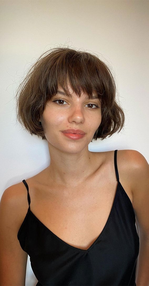 Dark Brown Bob With Subtle Highlights and Curtain Bangs Dark Brown Bob With Subtle Highlights and Curtain Bangs — Classy French Bob with Bangs