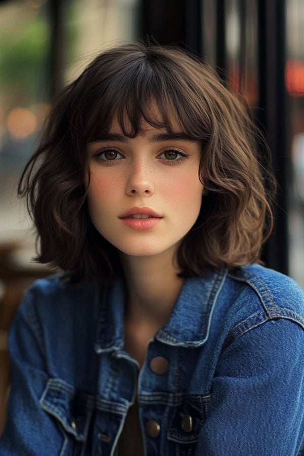 Curly Dark Brown Bob With Baby Bangs Curly Dark Brown Bob With Baby Bangs — Classy French Bob with Bangs