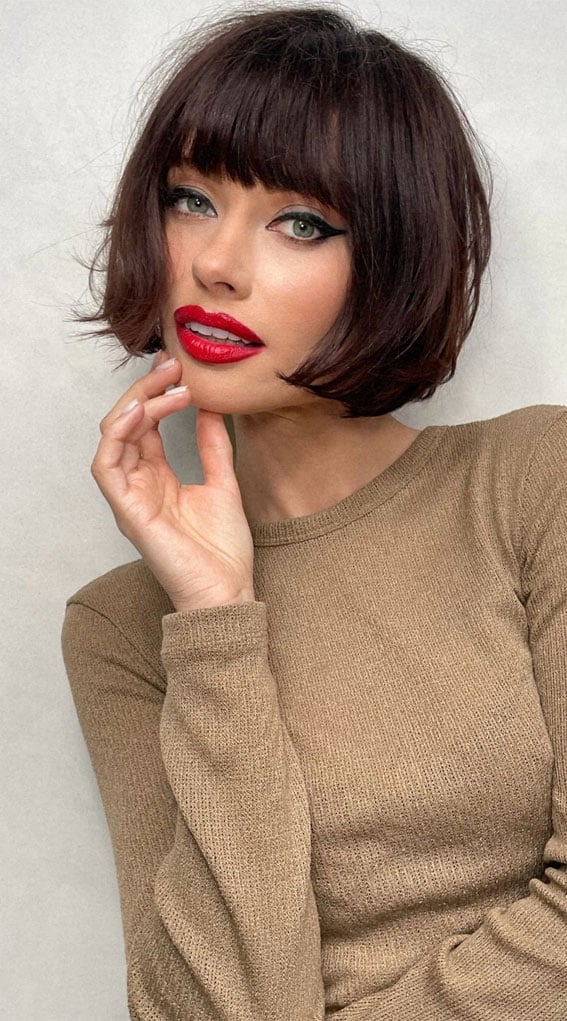 Fine Dark Brown Bob With Full Straight Bangs Fine Dark Brown Bob With Full Straight Bangs — Classy French Bob with Bangs