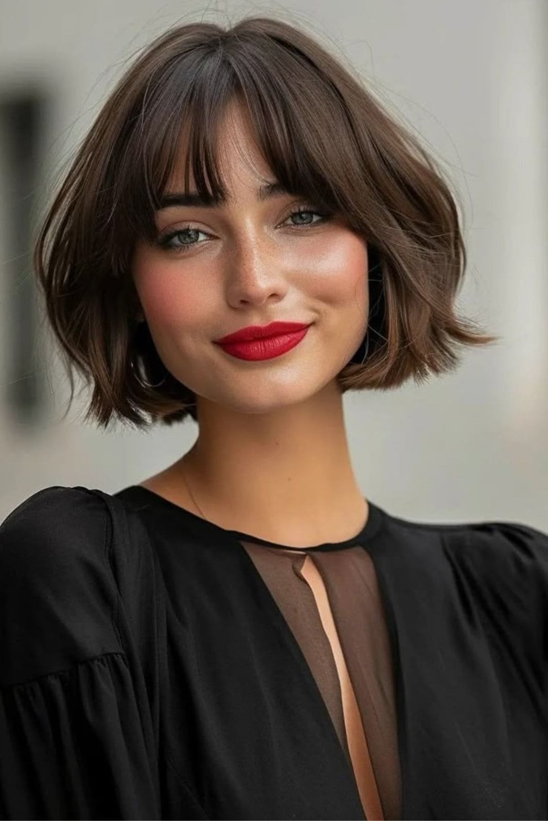 Sharp Chin-Length Bob With Full Bangs Sharp Chin-Length Bob With Full Bangs — Classy French Bob with Bangs