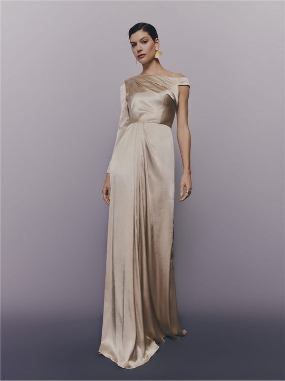 Champagne Satin One-Sleeve Draped Gown — Classy Gala Outfits