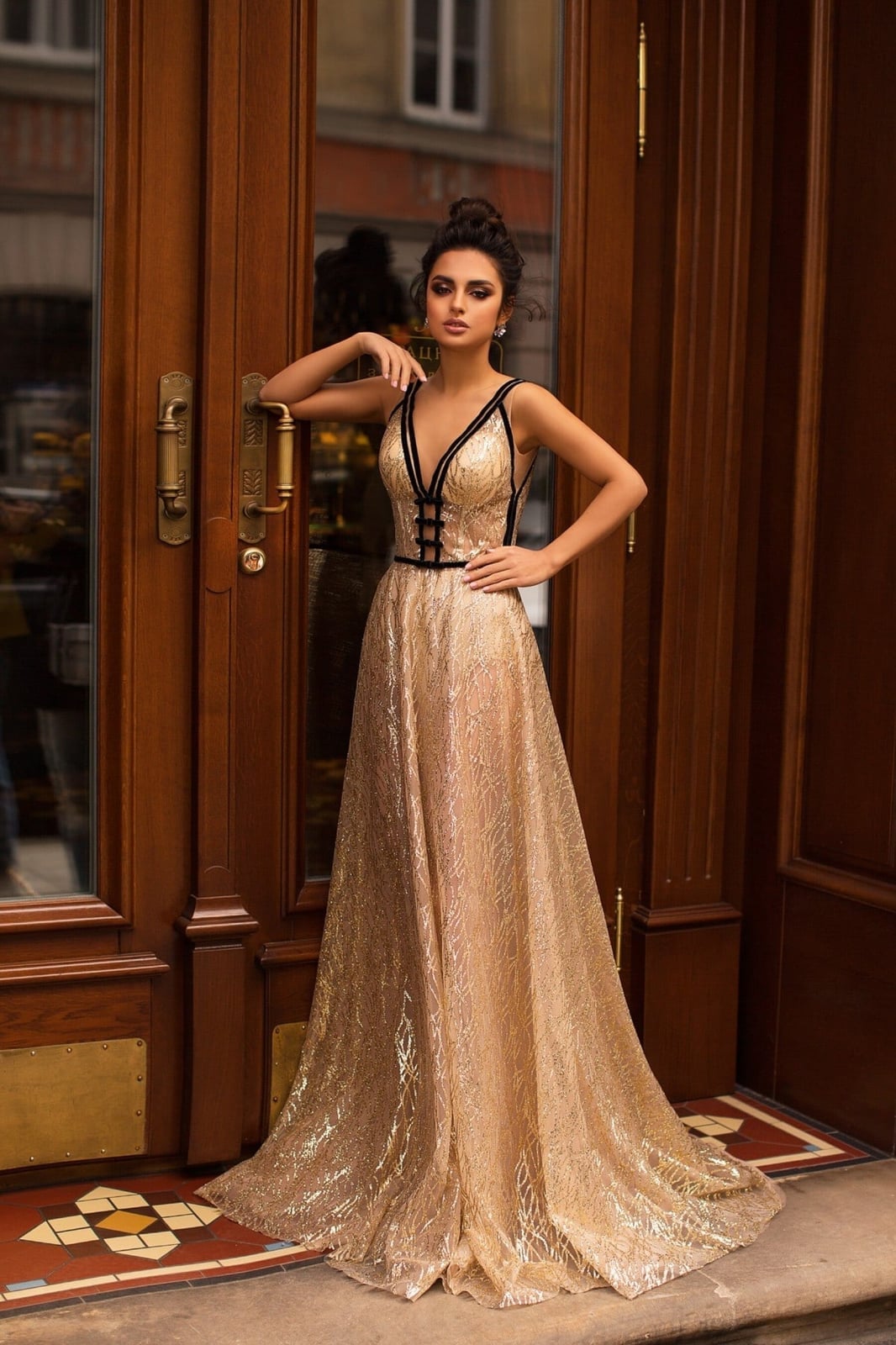 Gold Sparkling Floor-Length Gown with Black Trim — Classy Gala Outfits