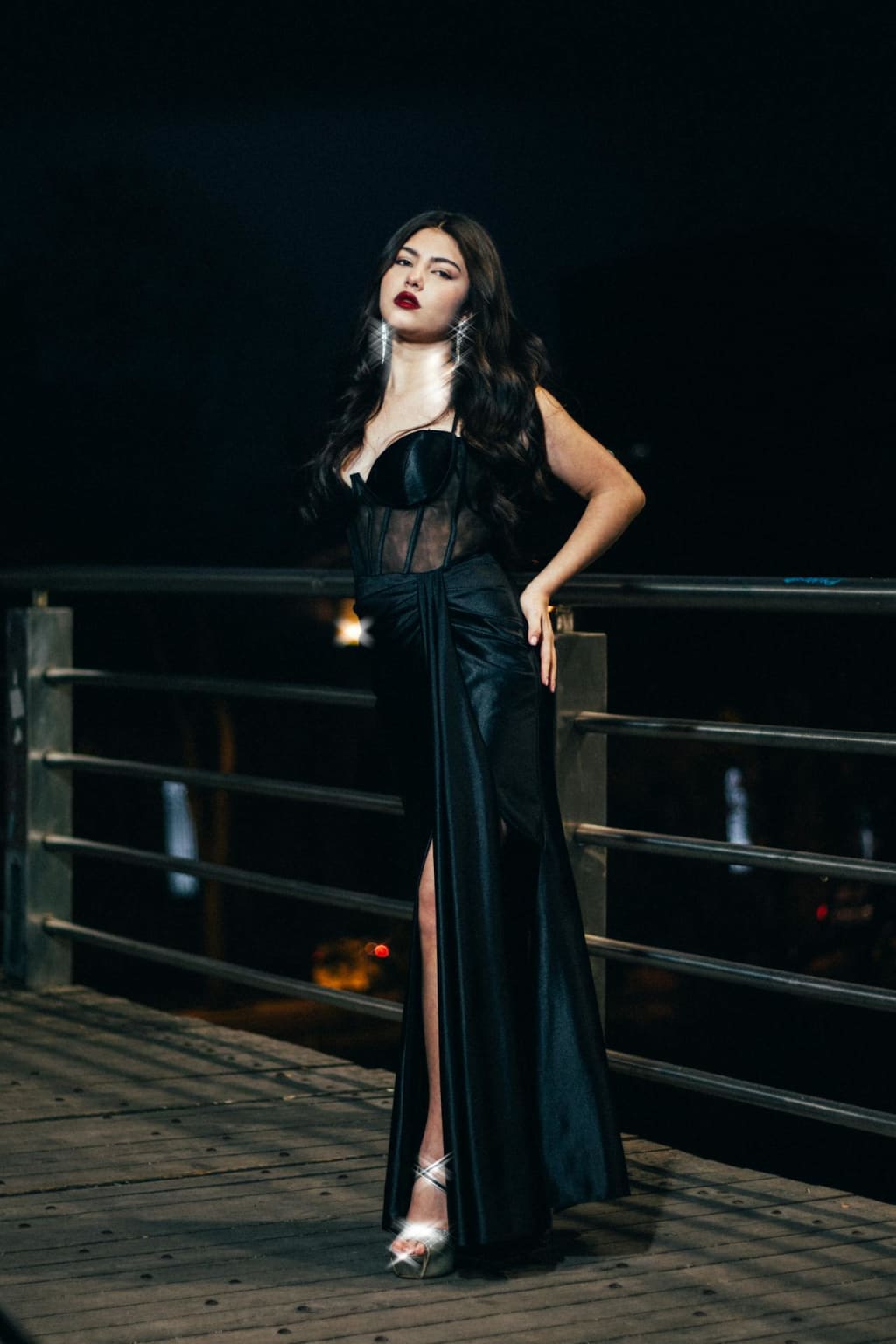 Black Satin Gown with Sheer Corset Bodice and High Slit — Classy Gala Outfits
