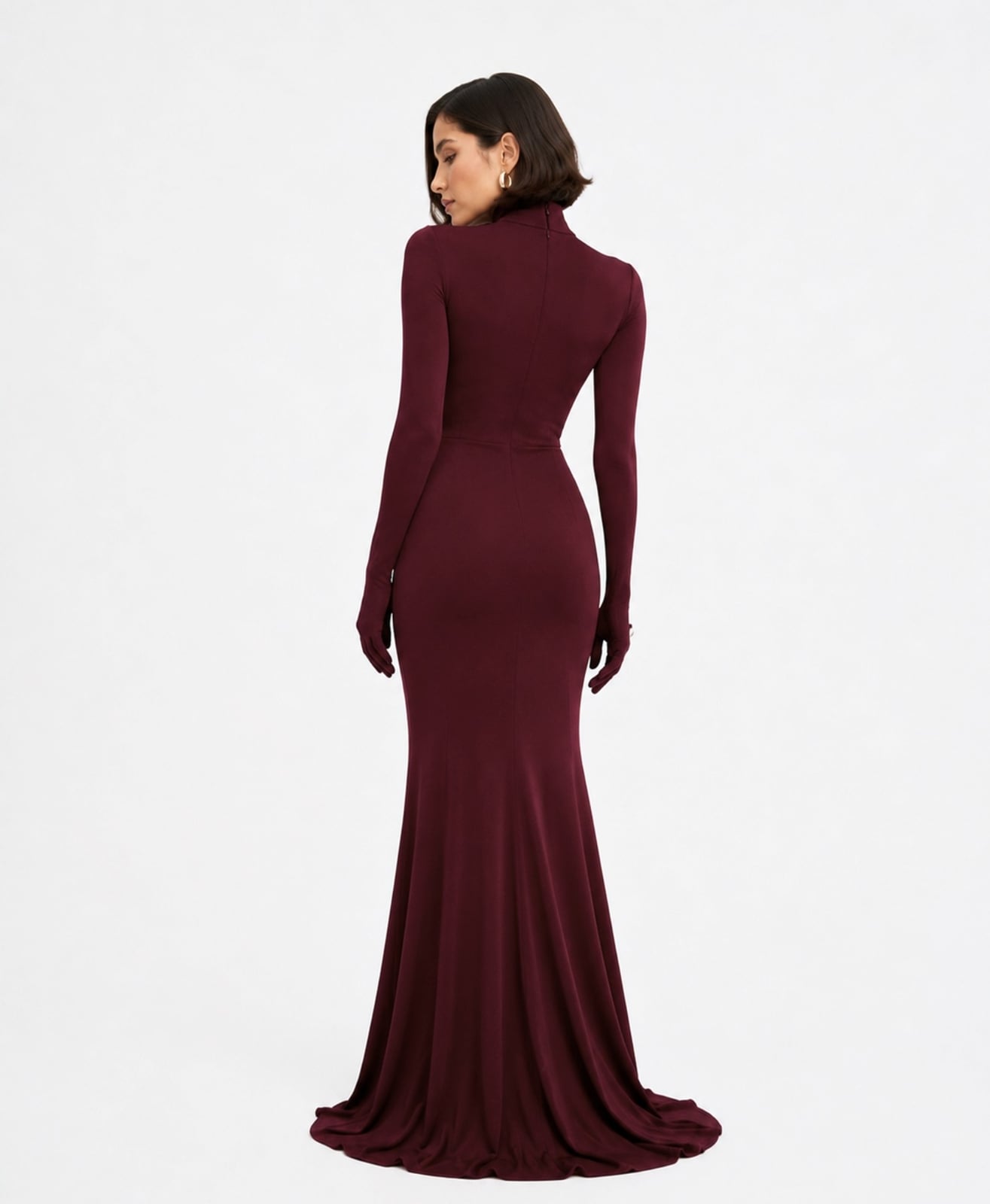 Burgundy Turtleneck Maxi Dress with Matching Gloves — Classy Gala Outfits