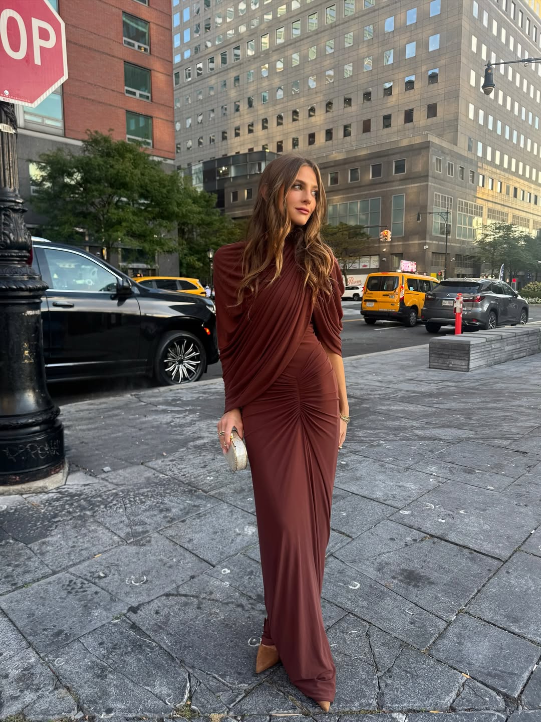 Brown Draped Maxi Dress with Fitted Silhouette — Classy Gala Outfits