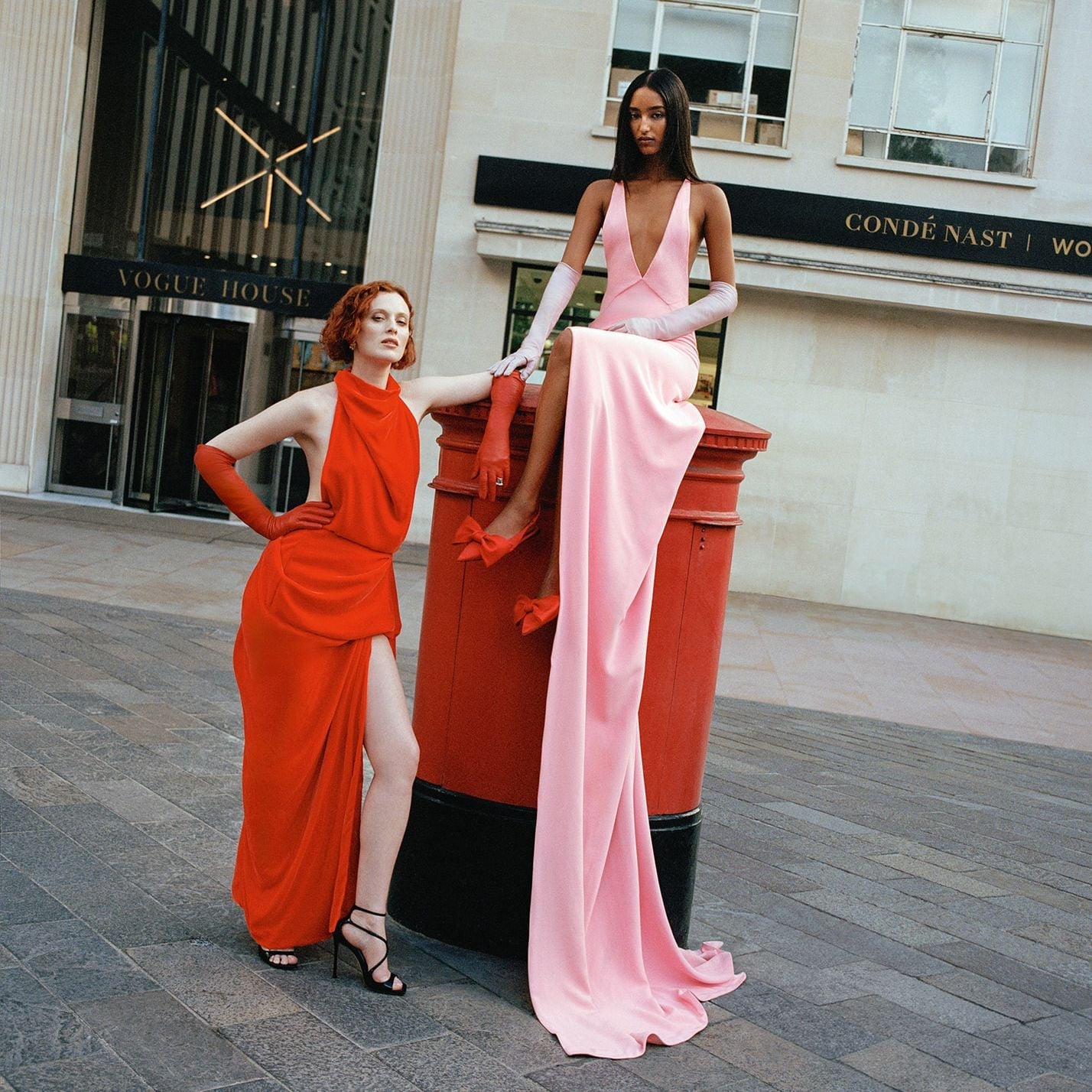 Pink Column Gown with Deep V-Neck and Red Opera Gloves — Classy Gala Outfits