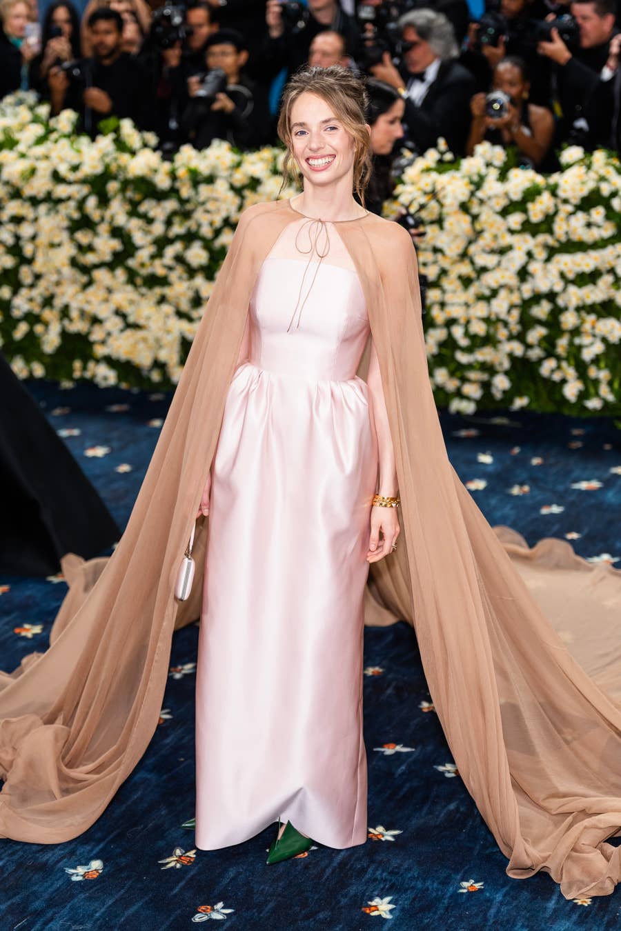 Pale Pink Satin Gown with Sheer Beige Cape — Classy Gala Outfits