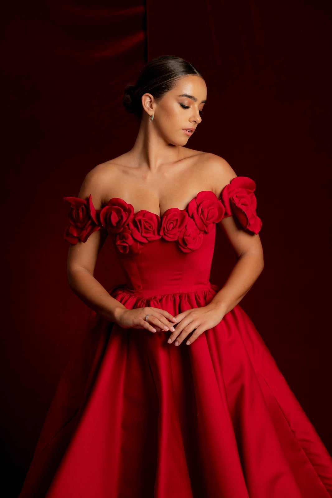 Dramatic Red Off-The-Shoulder Ballgown with Fabric Roses — Classy Gala Outfits