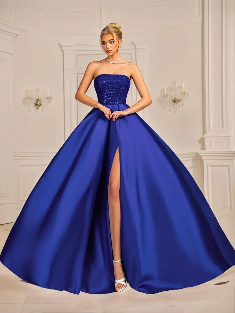 Royal Blue Strapless Ballgown with Sequined Bodice and High Slit — Classy Gala Outfits